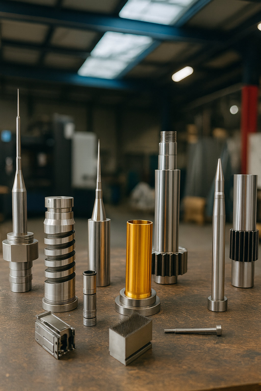 pièce d'usinage de précision cylindrique en acier et laiton présent dans un environnement d'atelier pièces d'usinage de précision