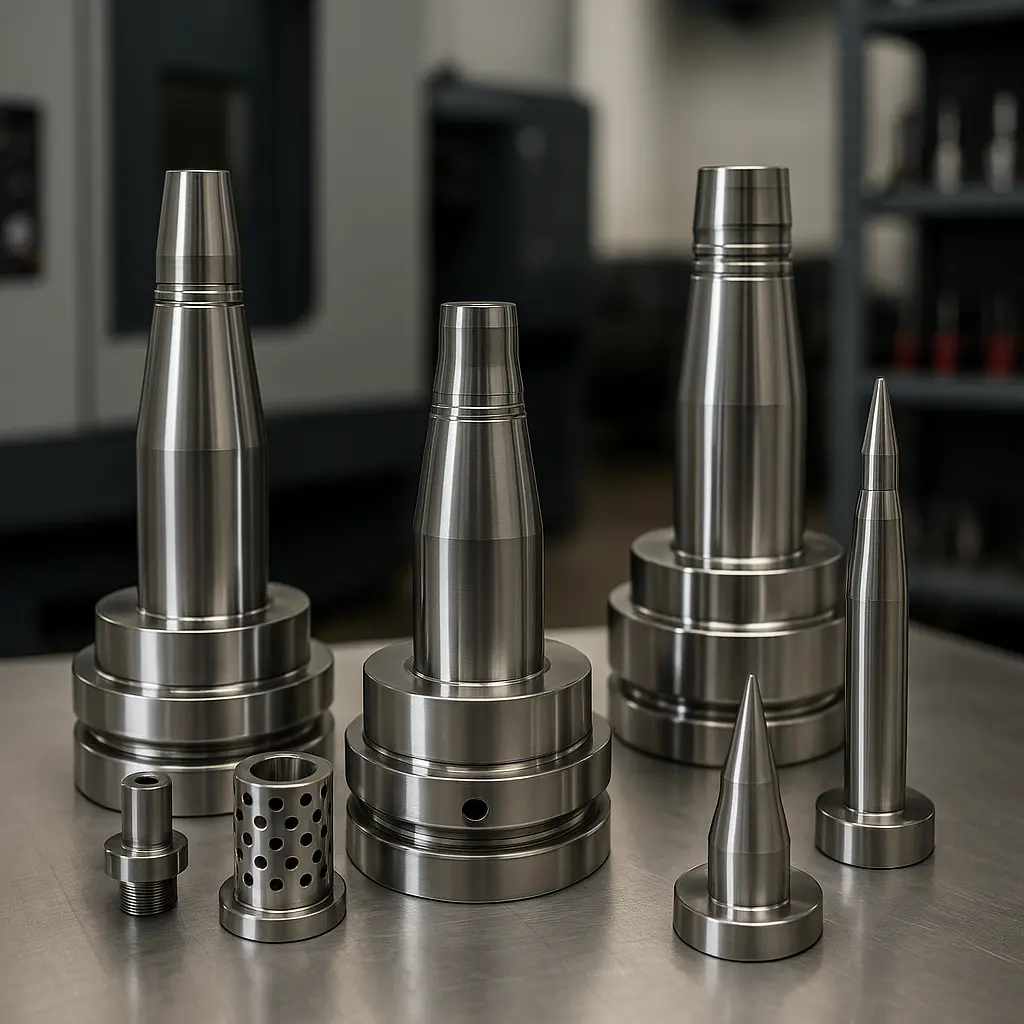 Usinage CNC – cônes de centrage, bagues et douille percée en acier poli