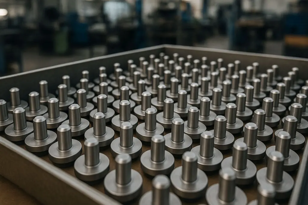 Plateau contenant de nombreuses pièces métalliques cylindriques identiques issues d’un usinage de précision, disposées en rangées régulières dans un atelier de mécanique.