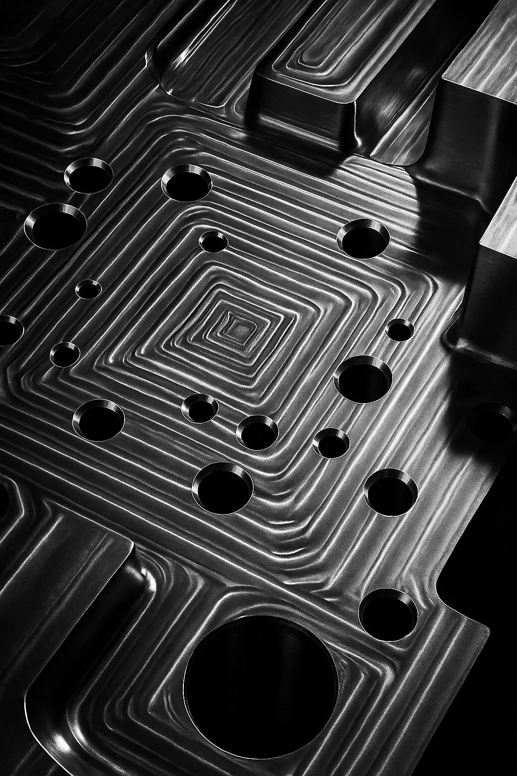 Vue rapprochée d’une pièce métallique usinée présentant des lignes concentriques et plusieurs trous de différents diamètres.