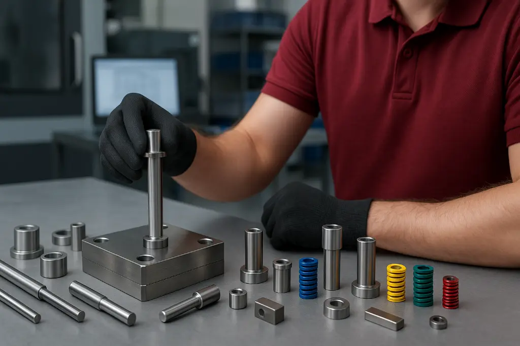 Technicien assemblant des éléments de moule en acier sur un établi, gants noirs, avec ressorts colorés et colonnes de guidage dans un atelier